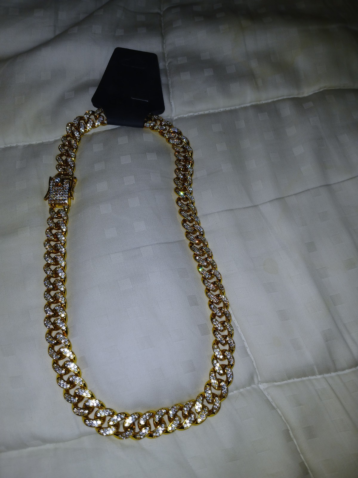 Gold Tone Metal Cuban Link Chain Necklace White Round Rhinestone, Box Clasp