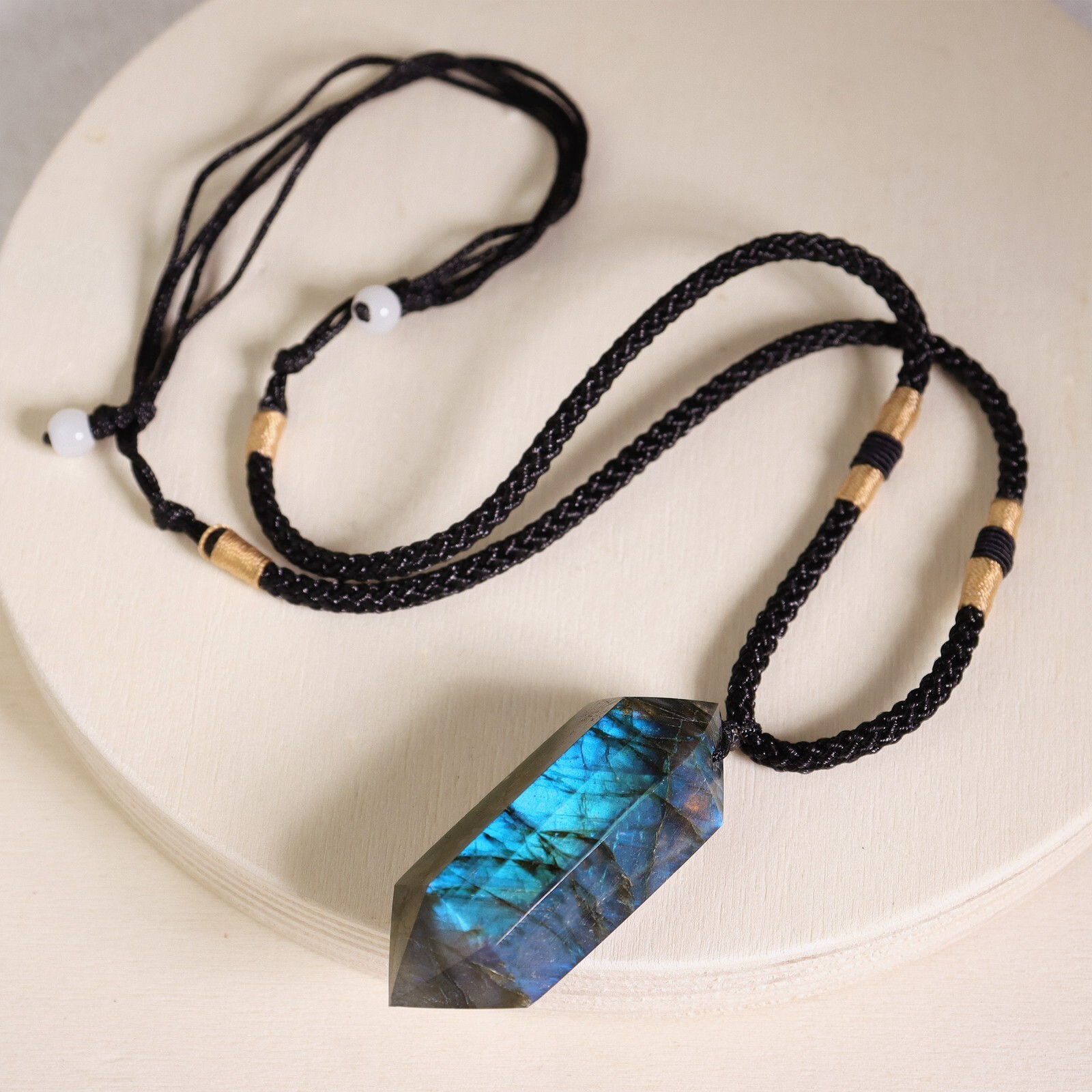 Natural Labradorite Crystal Point Pendant Necklace Healing Women Men Amulet Gift