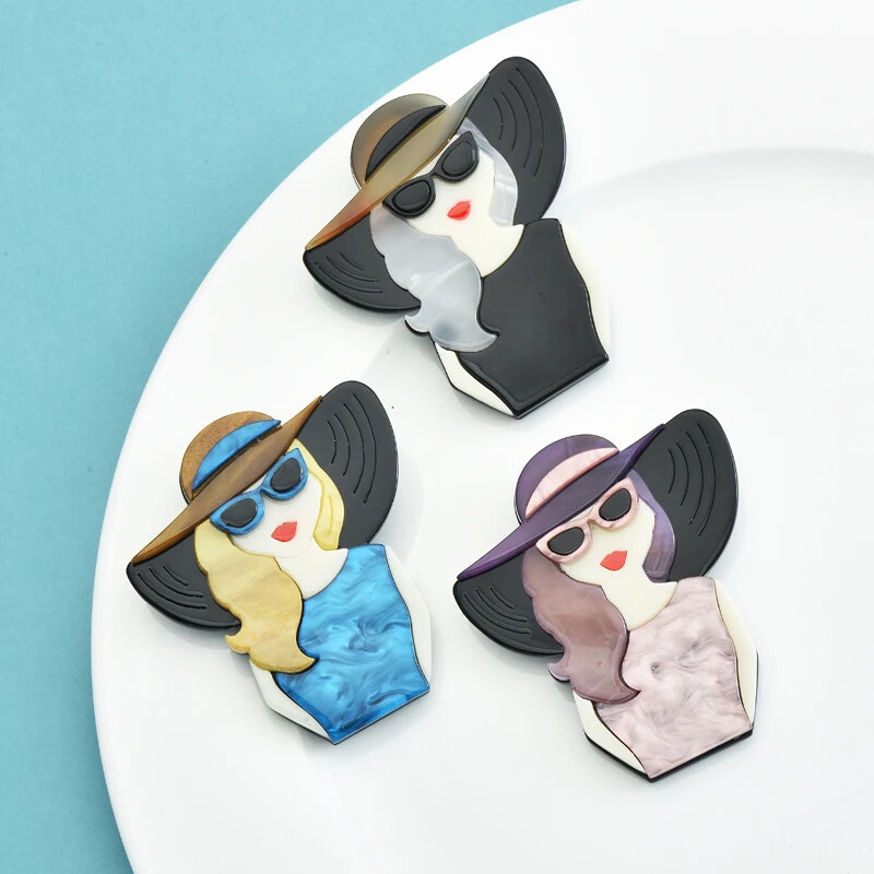 Acrylic Beautiful Lady Brooches For Women Modern Girl Figure Wear Glasses Hat