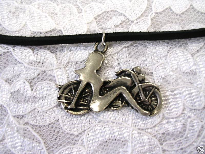 NEW HOTTIE WOMAN LADY RIDER MOTORCYCLE CHROME GIRL PEWTER PENDANT ADJ NECKLACE
