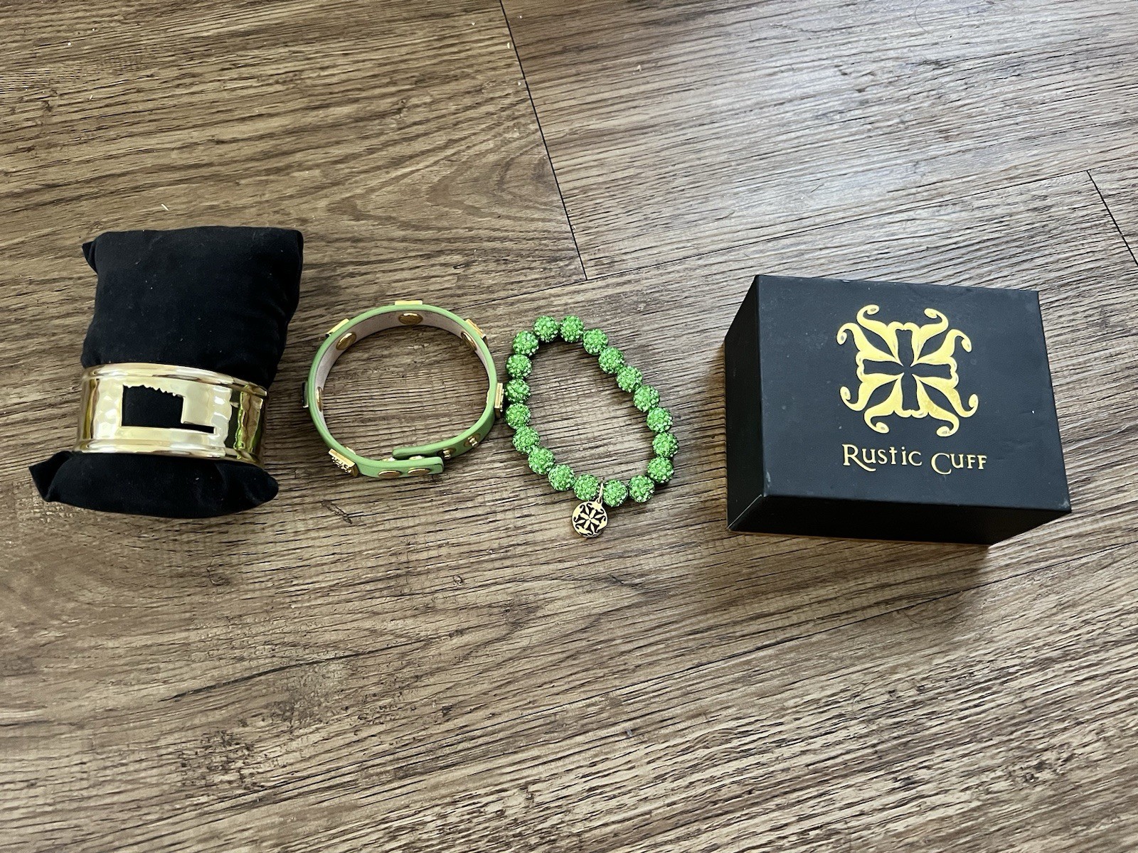 Rustic Cuff Signed Green Crystal Gold Plated Bracelet Jewelry Set