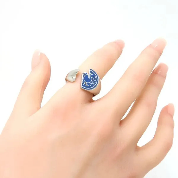 HERMES Carrousel Ring T58 Size Lacquered Metal Silver Blue Color Logo Paris