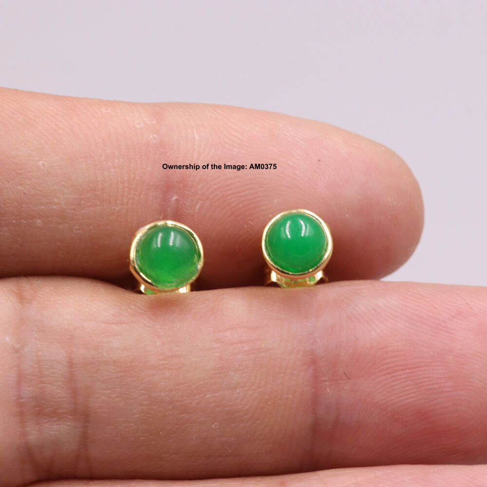 Handmade Green Jade 6mm Round Earrings Stud Elegant Gold Plated GP Earrings