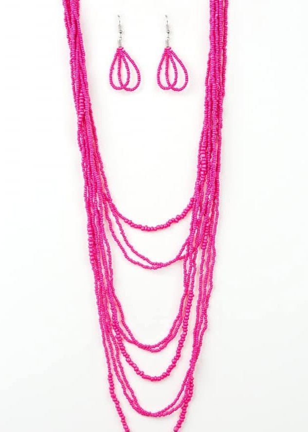 Pink Round Bead Multi-Strand Necklace & Matching Drop Earrings Jewelry Set