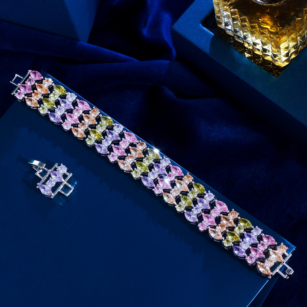 Women Silver Plated Multicolor Round Marquise Cubic Zirconia Big Wide Bracelet