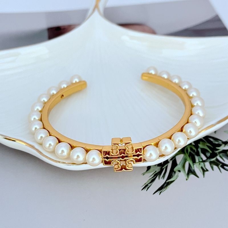 New Burch Logo Pearl Cuff Bangle Ivory OS with Jewelry Pouch