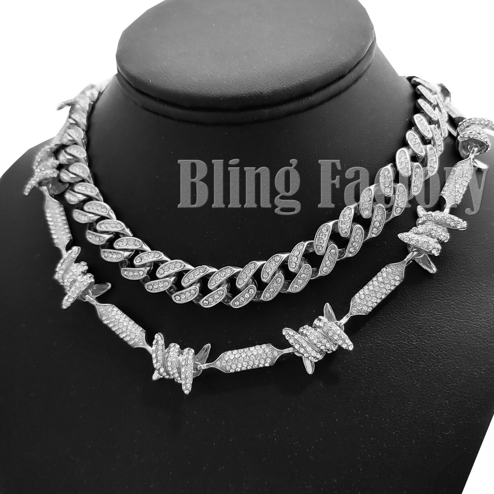 Hip Hop Silver PT Bling Full Iced 18″ Cuban & Barbed Wire Choker Chain Necklace