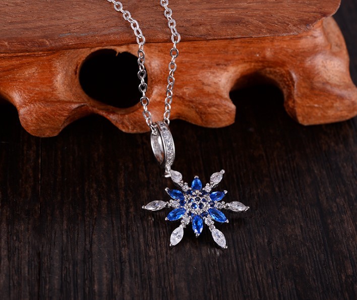 18″ Sterling SILVER Frozen SNOWFLAKE Topaz Blue CZ Pendant NECKLACE Gift Box PE3