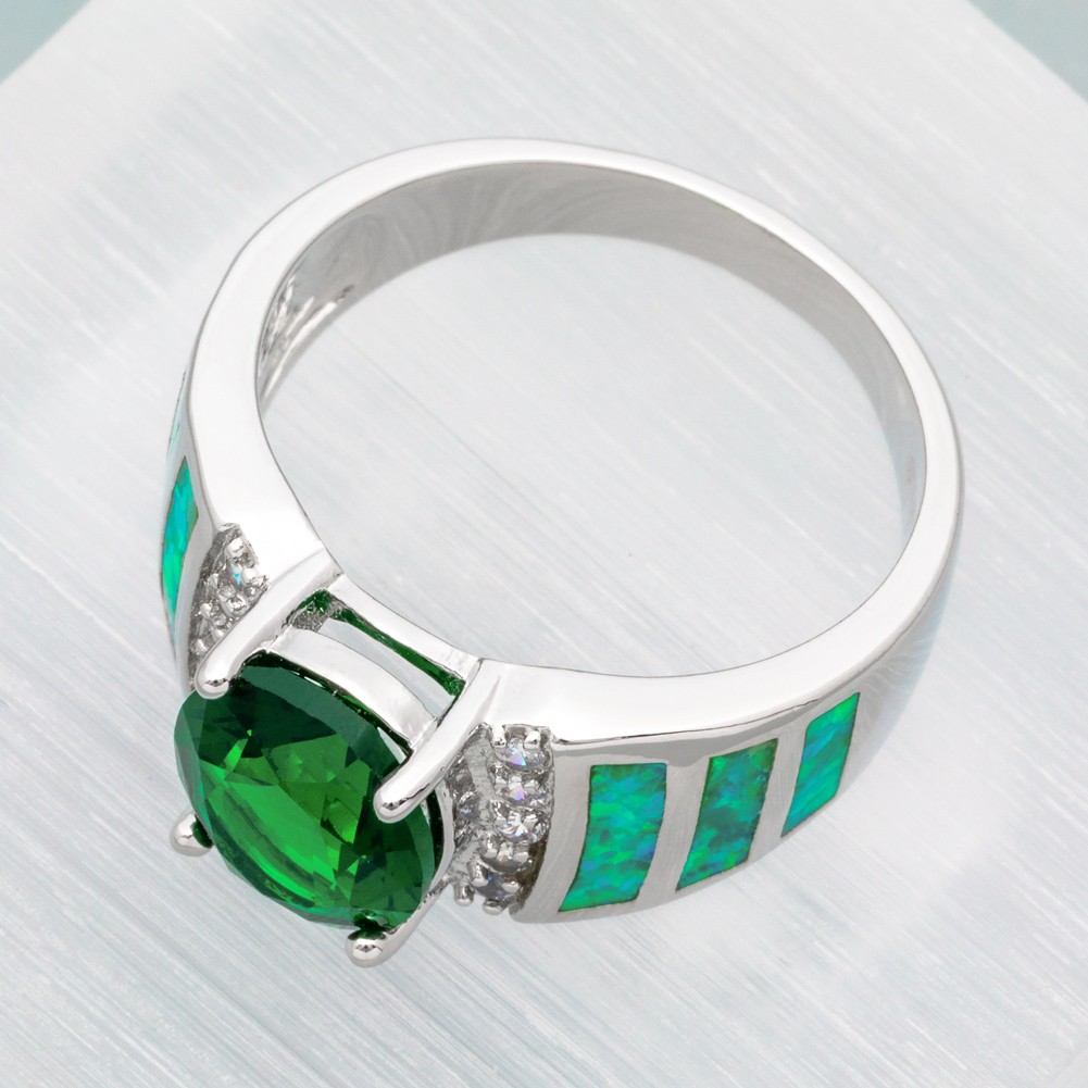 8×10 Simulated Emerald Kiwi Green Fire Opal CZ Silver Jewelry Ring 7 8 9 10