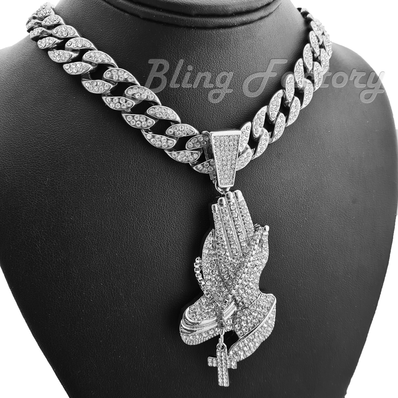 Icy Large Praying Hands Bling Pendant 16″ ~ 24″ Iced Cuban Choker Chain Necklace