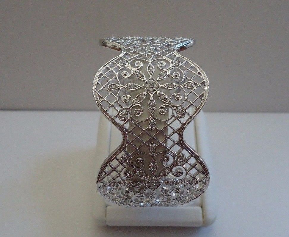 925 STERLING SILVER FLOWER FILIGREE OUTLINE BANGLE BRACELET W/ 2 CT ACCENTS