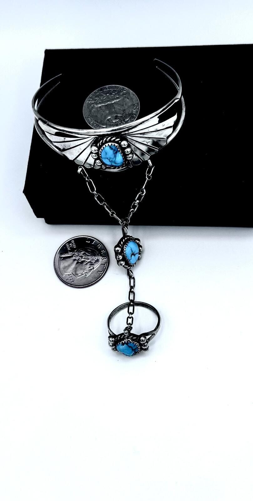 Navajo Native American sterling silver slave cuff;bracelet to hand chain to ring