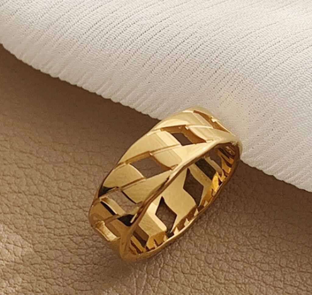 Women / Girl Gold Plated Titanium Stainless Steel Gold Cuban Link Chain Ring 6-9