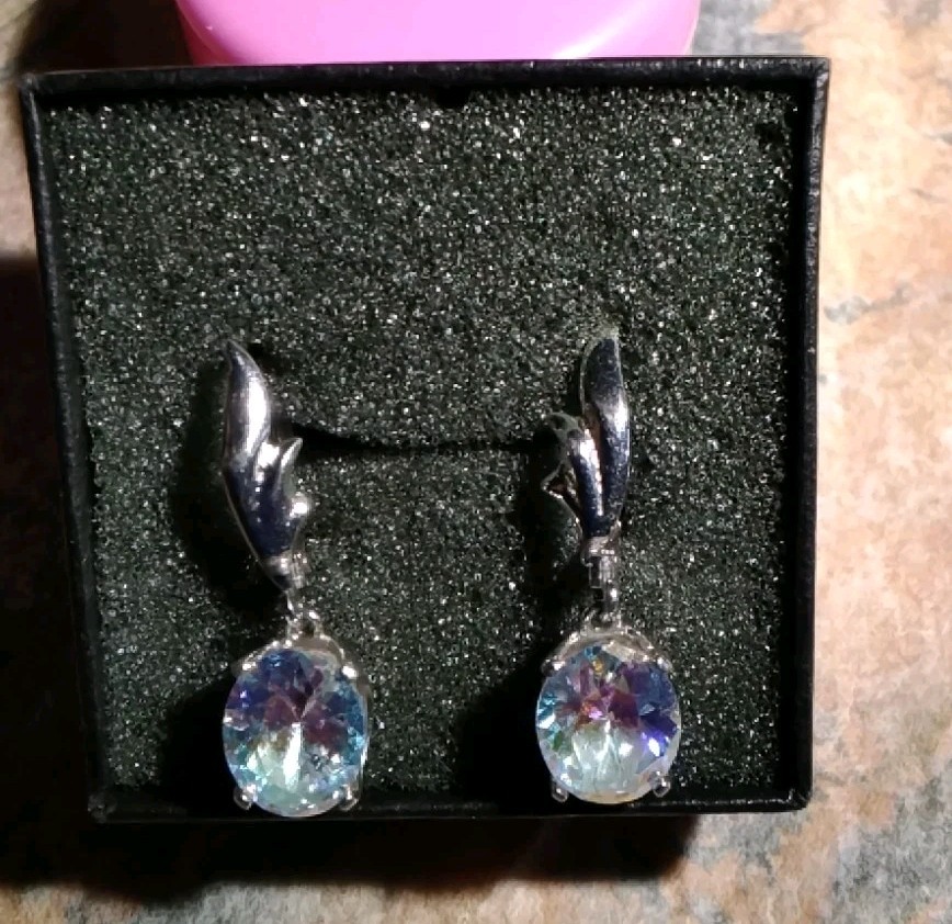 5.08 Lab Created Zirconia Oval Leaver Drop/Dangle 9.25 Sterling Aurora Borealis
