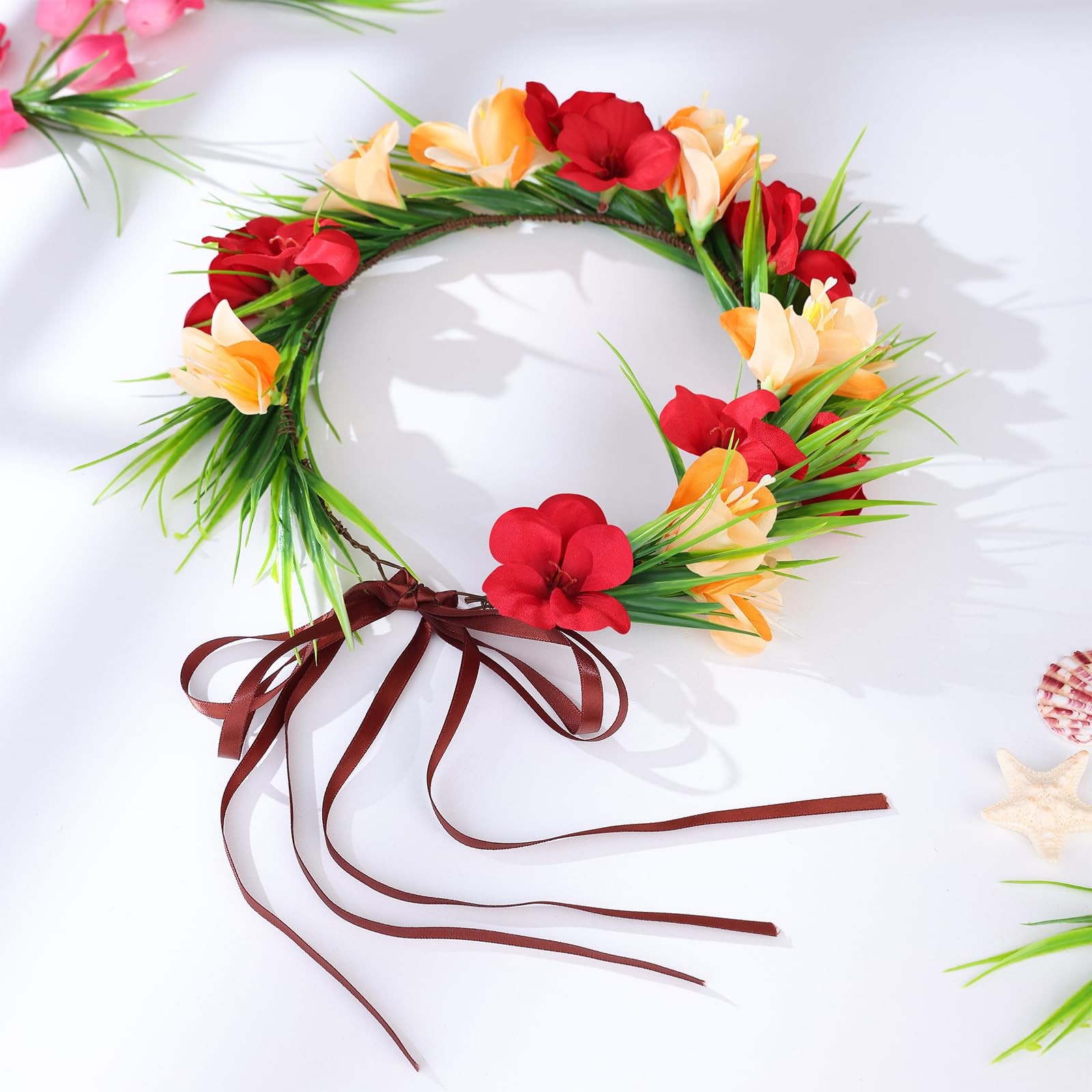 Hawaiian Leis Flower Crown Headband with Ribbon – General, Red+orange