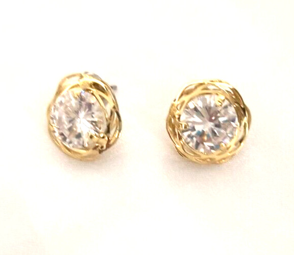 Women’s Earrings Pierced Ears Clear Crystal Gold Tone Button Style Scalloped