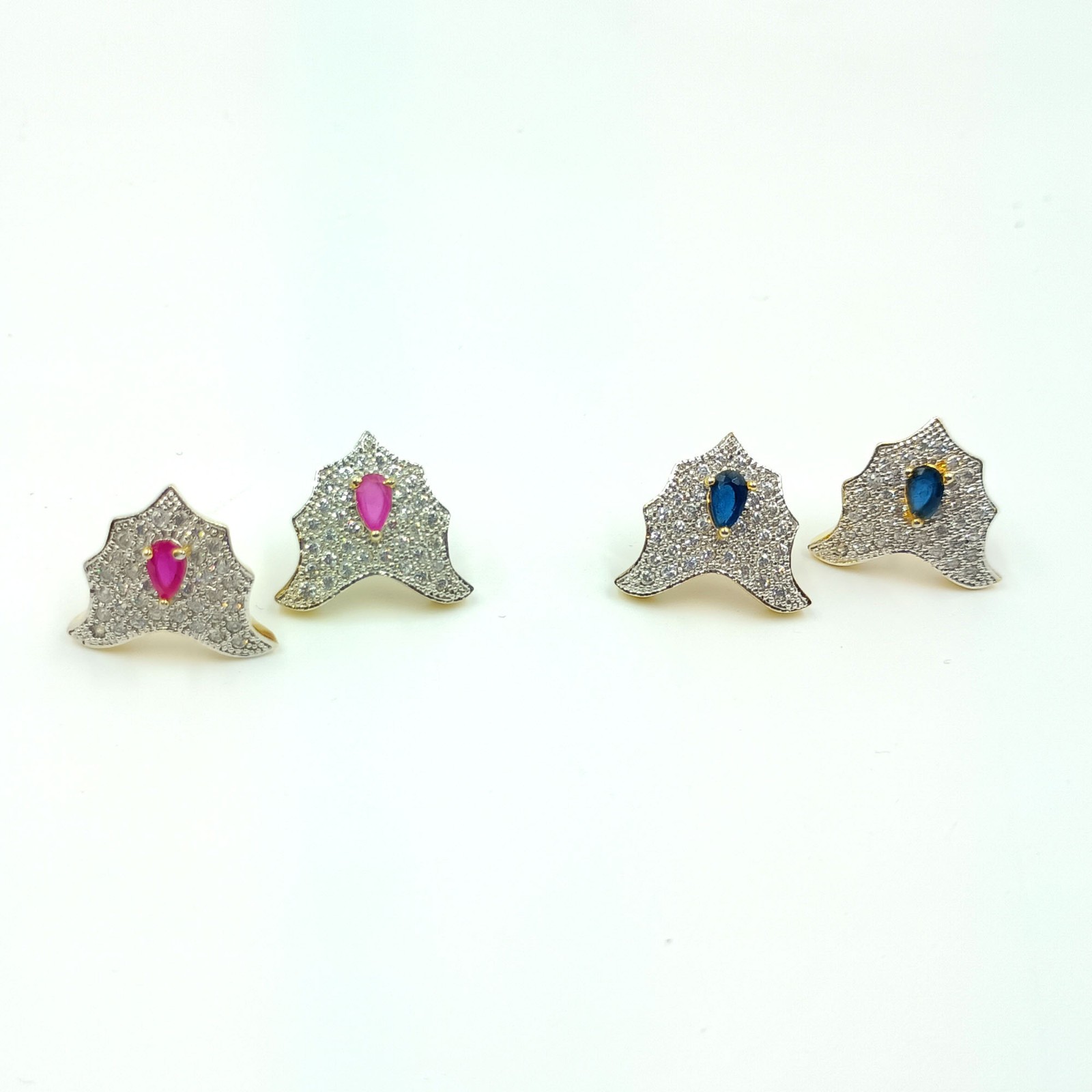 Ethnic South Indian CZ Stud Earrings Ruby Sapphire 22K Gold Plated Wedding