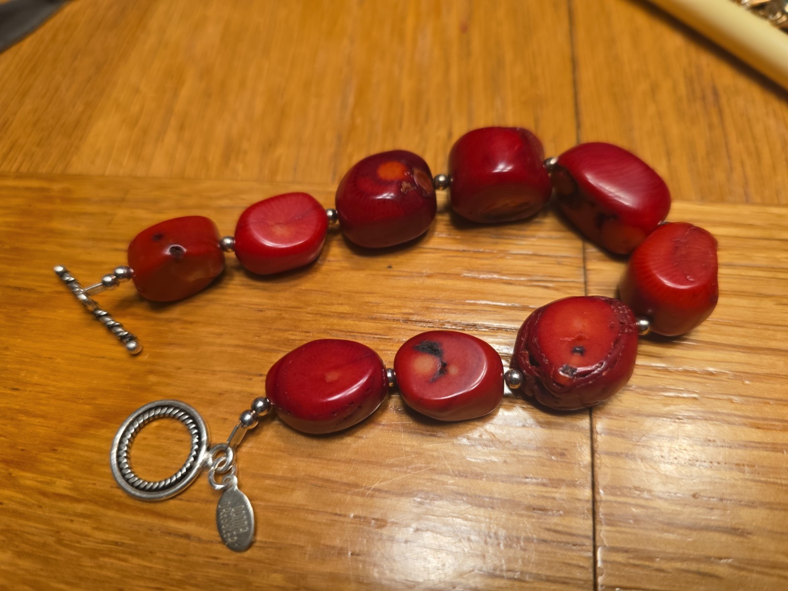 Donna Dressler, Coral Bracelet Silver Tone Toggle Clasp Polished Untreated