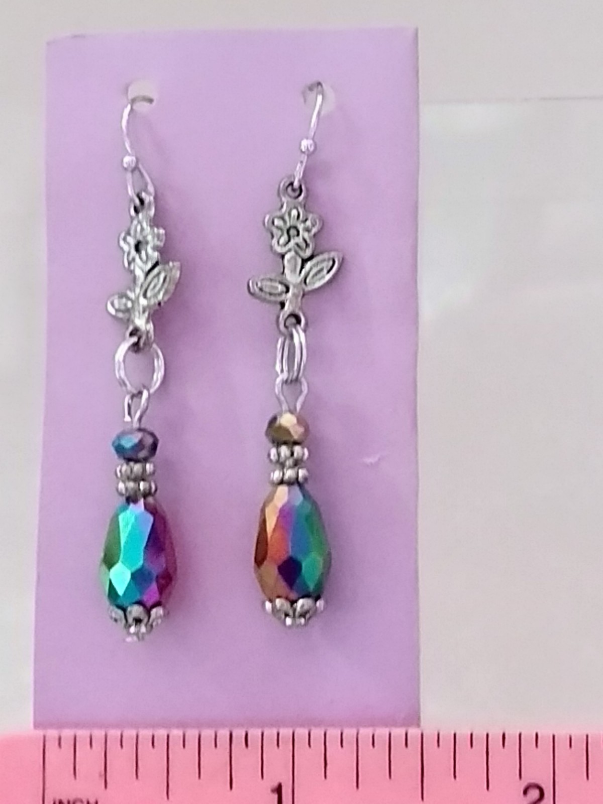 Handcrafted IRRIDESCENT BEADS SILVERTONE FLOWERS Double-Sided Dangle Earrings