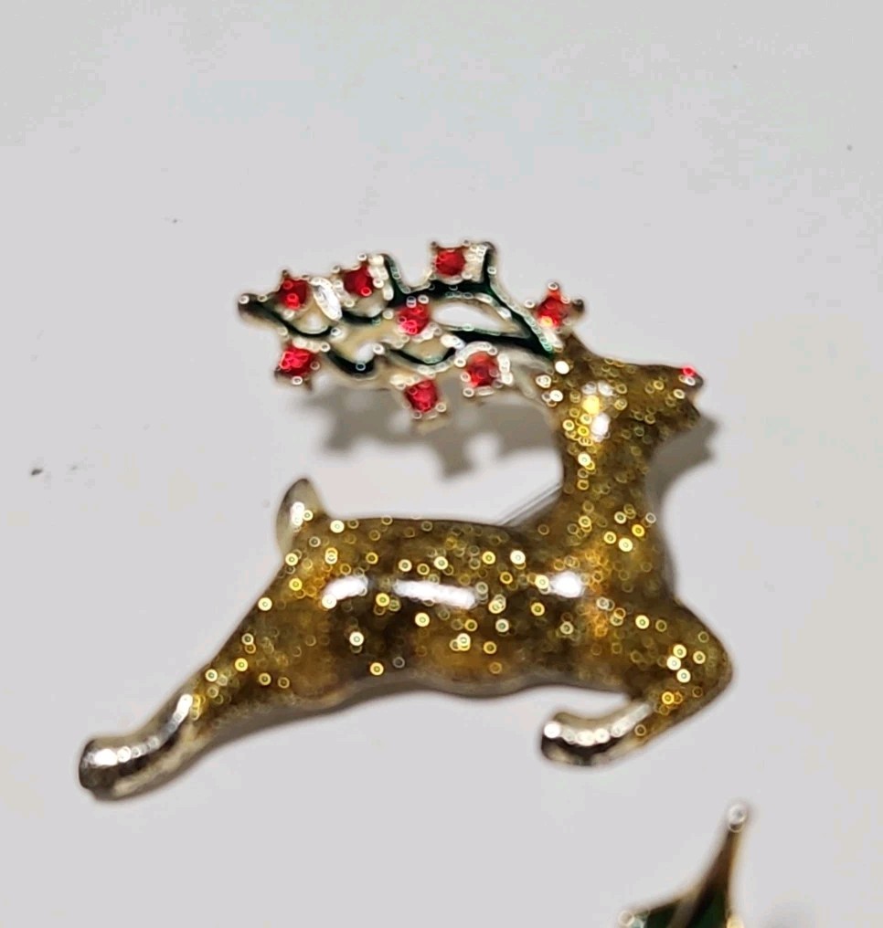 Christmas Brooch Pins Goldtone Rhinestones Enamel Holiday Jewelry