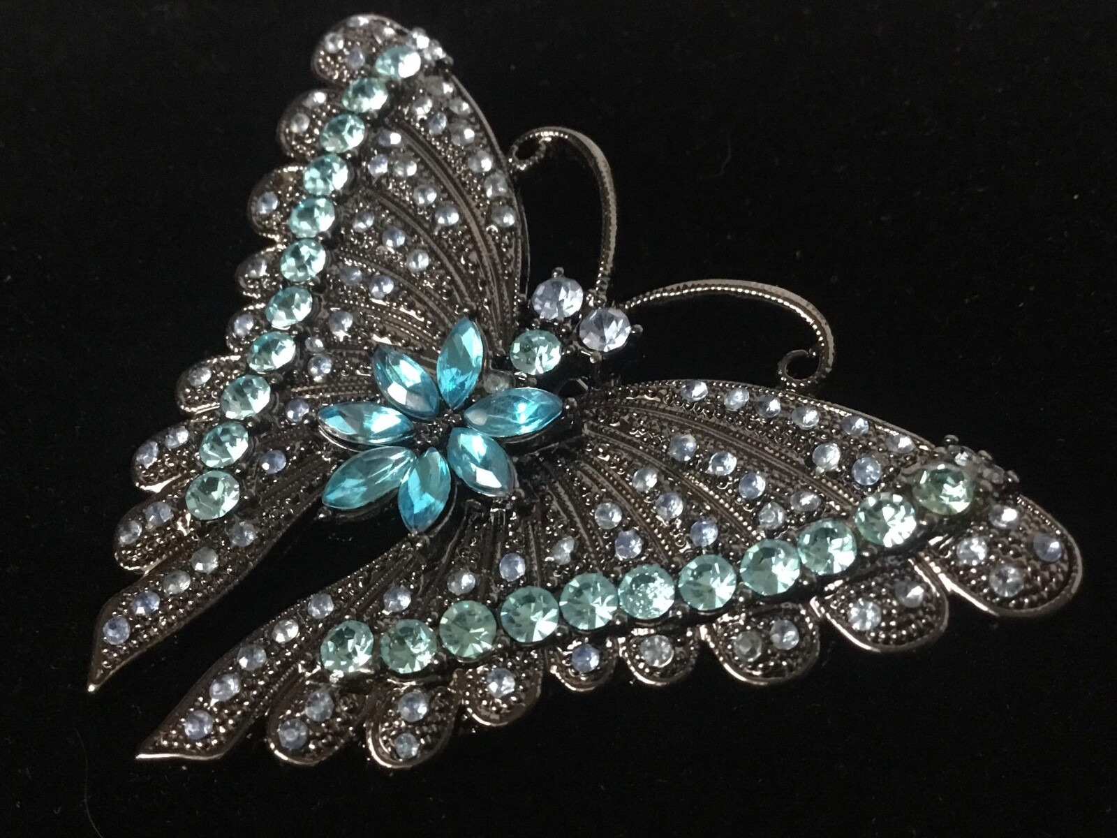 Butterfly Pin Pendant Black Metal Blue Pave Rhinestones
