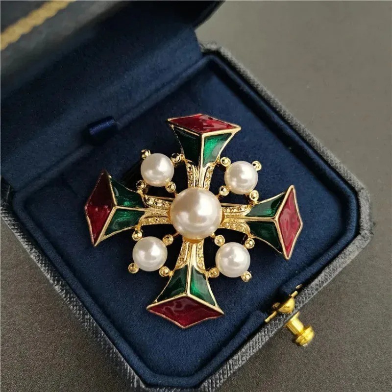 Vintage Baroque Cross Brooch Pin Court Style Enamel Pearl Corsage Unisex Jewelry