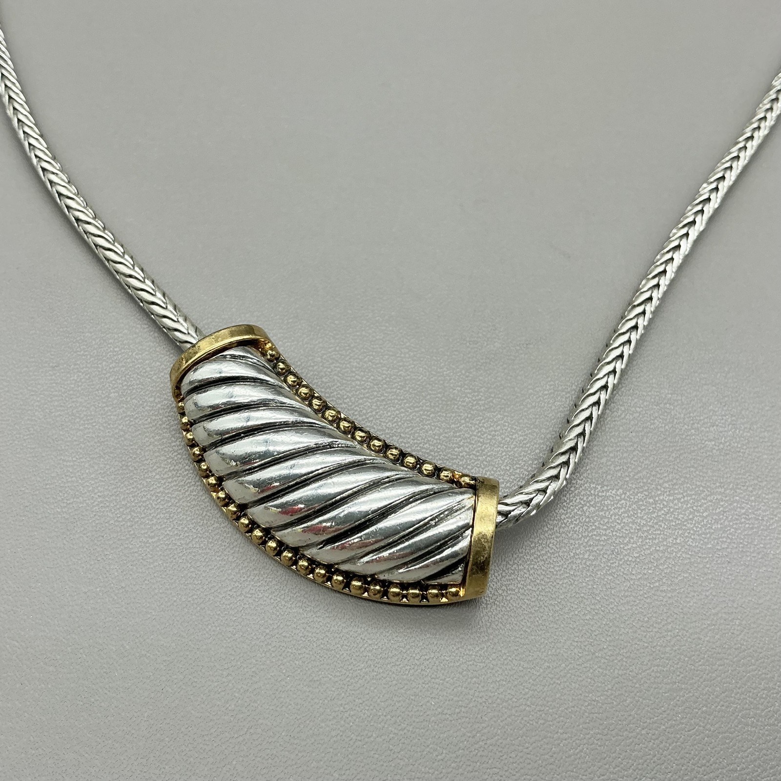 Roman Necklace Statement Silver Tone Gold Accents Curved Pendant Lobster Clasp