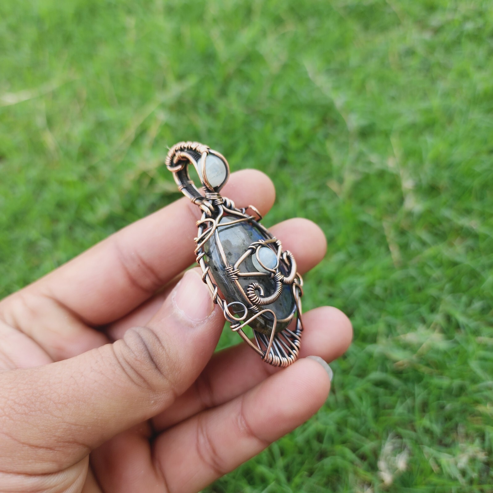 Labradorite Rainbow Moonstone Handmade Wire Wrapped Evil Eye Pendant Jewelry