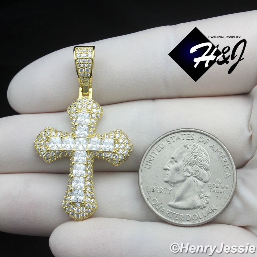 MEN 925 STERLING SILVER ICY BLING BAGUETTE CZ GOLD PLATED 3D CROSS PENDANT*GP474