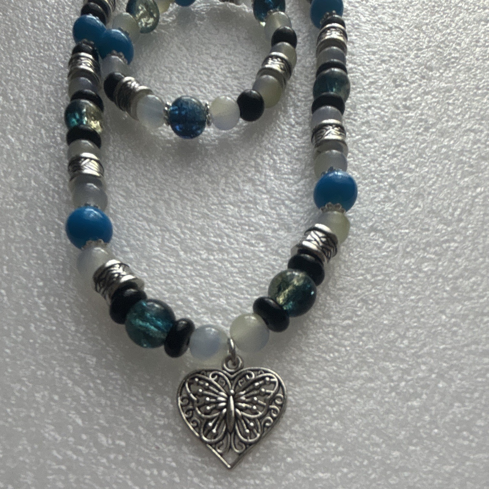 Blue Black White Beaded Jewelry Set Necklace Bracelet with Heart Charm