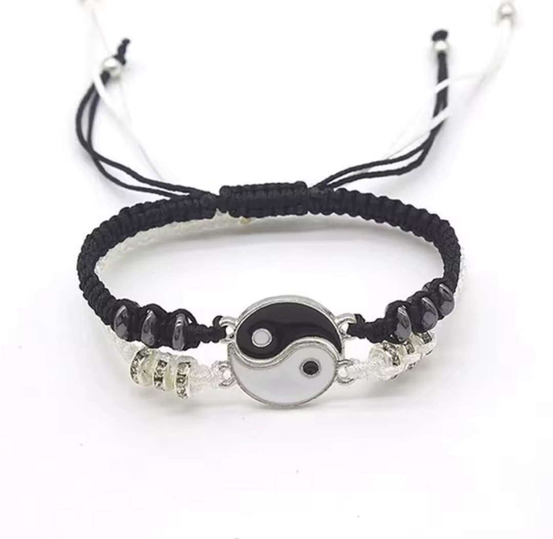 2 Pcs Jewelry Set Couple Black White Tai Chi Bracelet Rope Adjustable Chain
