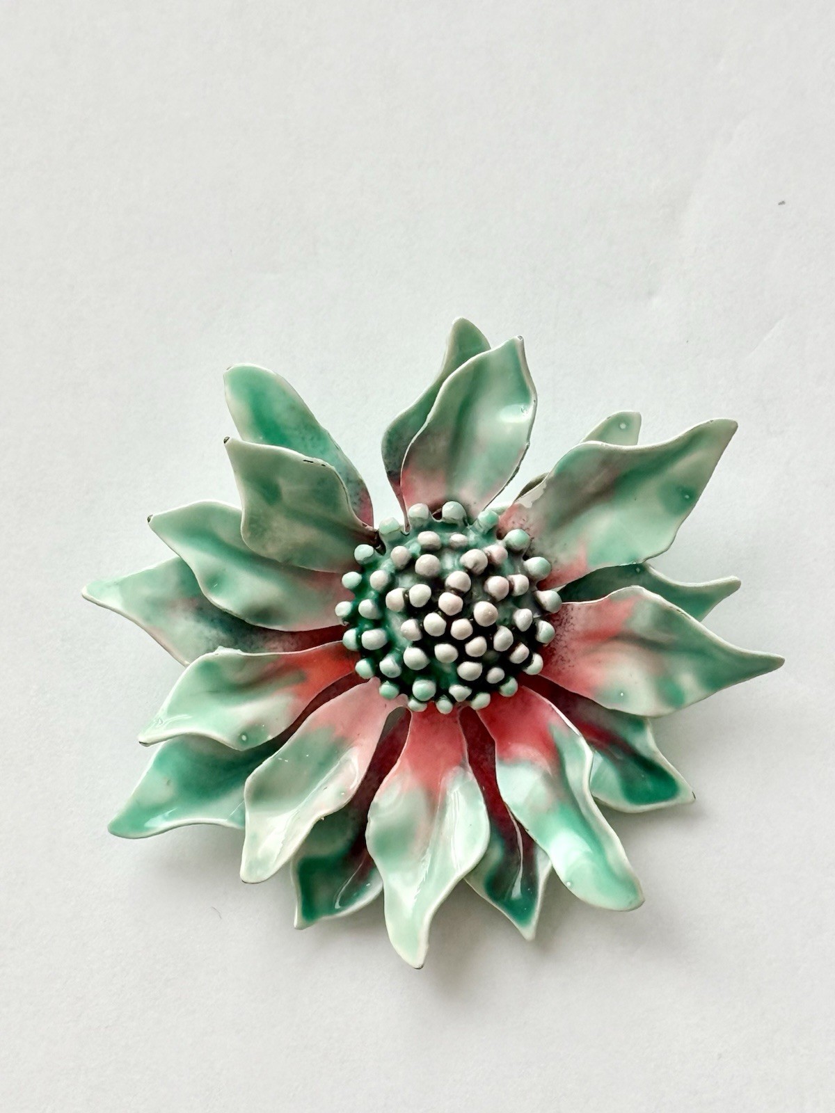 Vintage Enamel Metallic Petals Flower Brooch Pin in Green White Pink