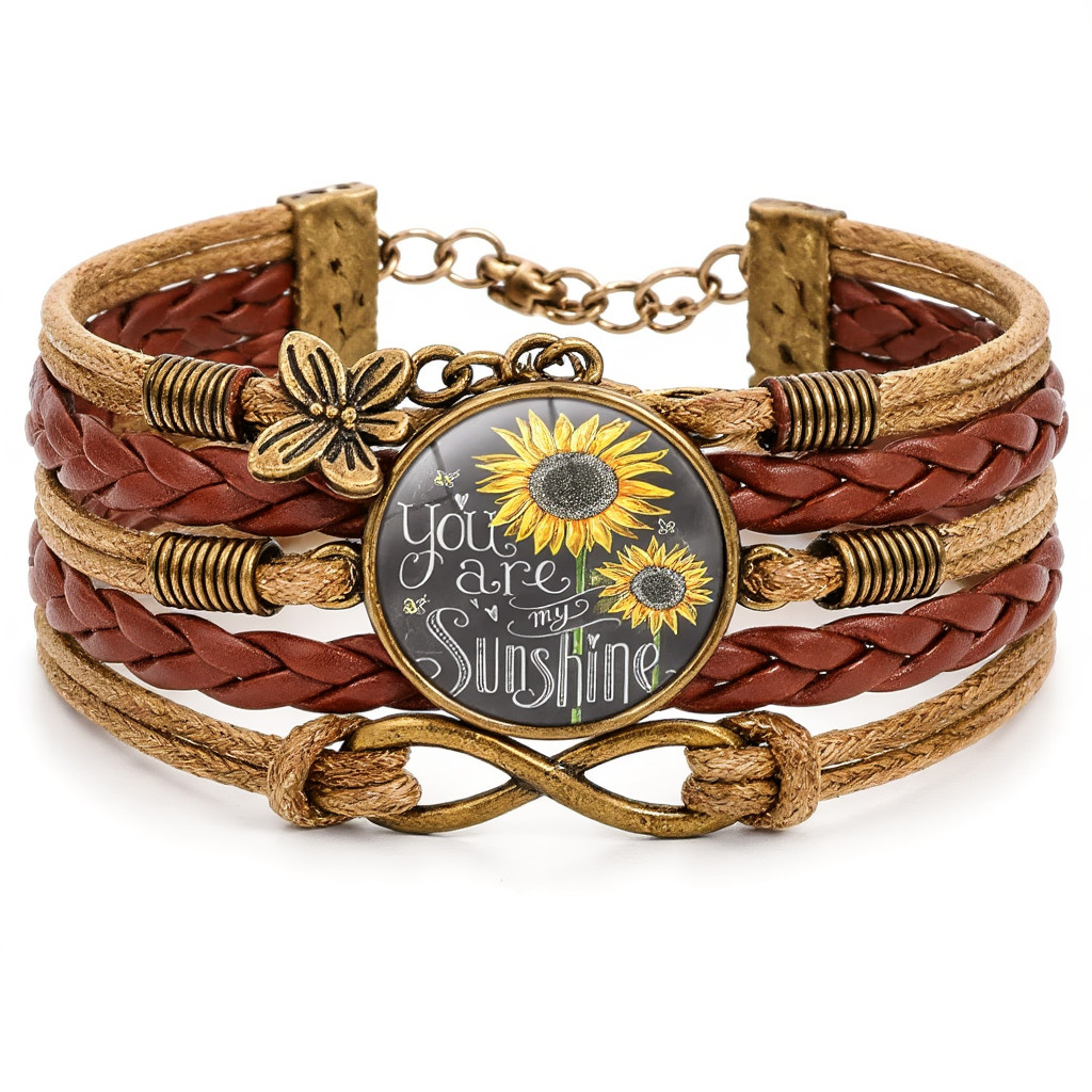 Sunflower Boho Bracelet & Bee Earrings Set Women Gold Tone Vintage Gift Bundle