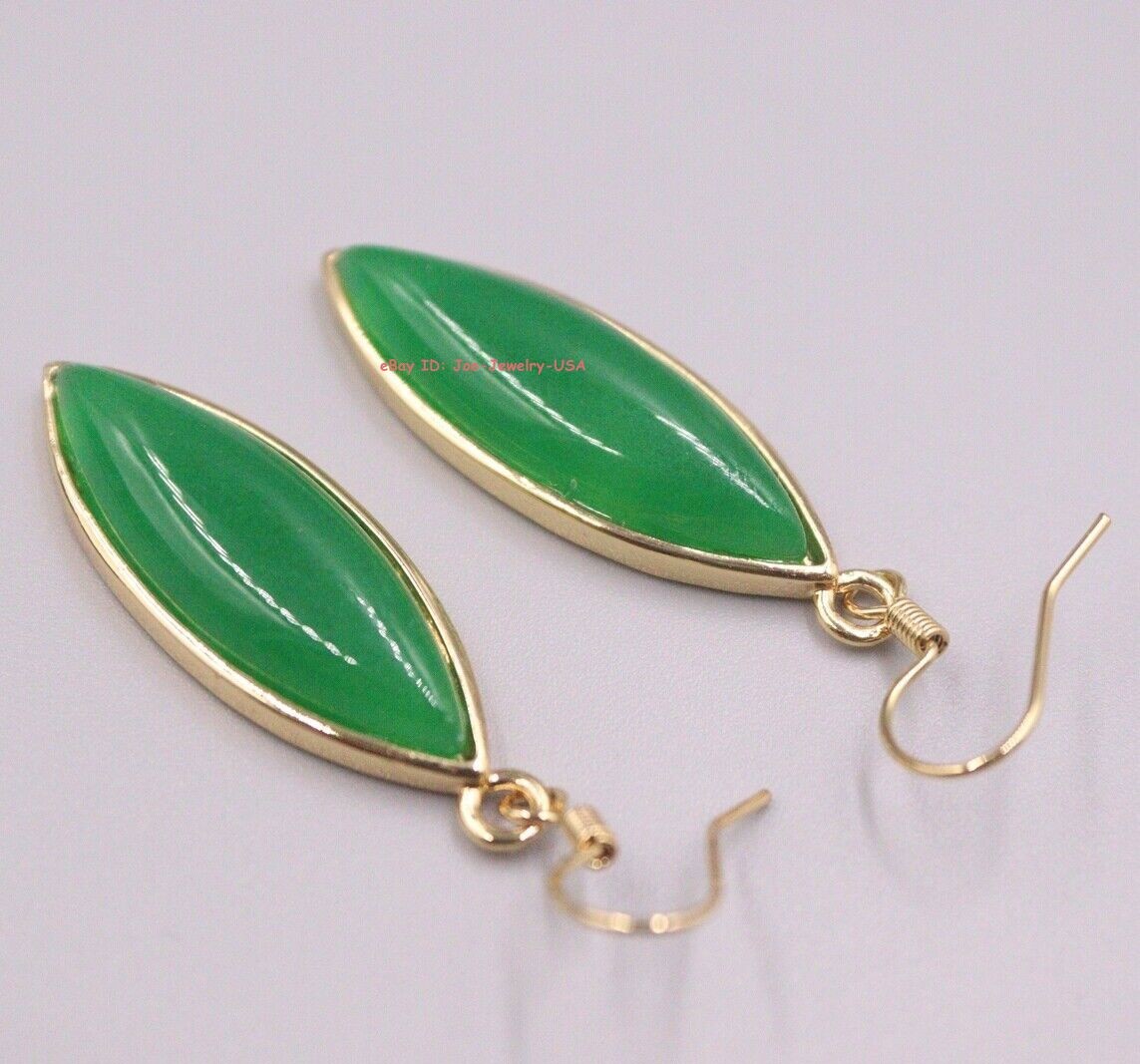 Gold Plated Alloy Heated Marquise Green Jade Dangle Earrings 1.89inch L