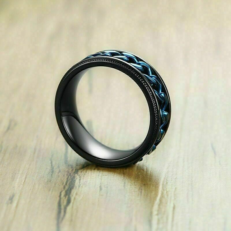 Blue Stainless Chain Size 45120 Black Band Steel Spinner Wedding Men’s Ring 8mm