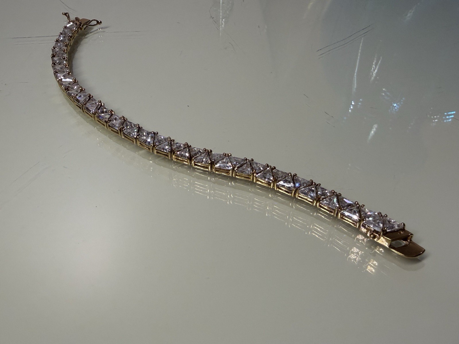 18k Gold Plate 925 Sterling Silver 30g Trillion Cut CZ Triangle TENNIS BRACELET