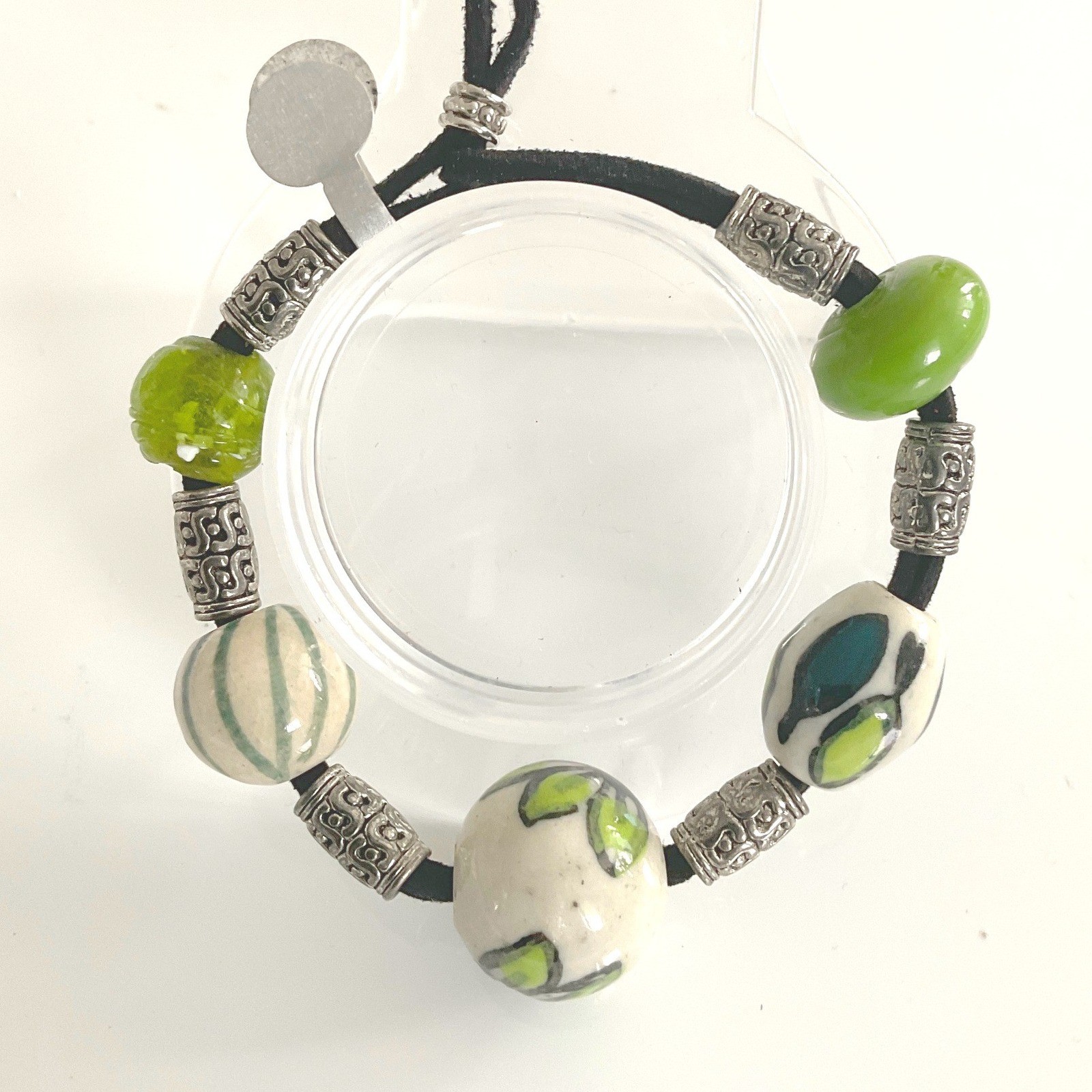 Bracelet Ceramic Glass Suede Green White Silver Adjustable Boho New 130 New 130