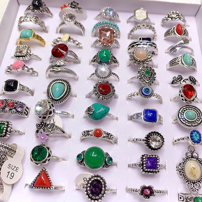 50pcs Bulk Lots Vintage Crystal Stone Mix Plated antique silver Jewelry Ring