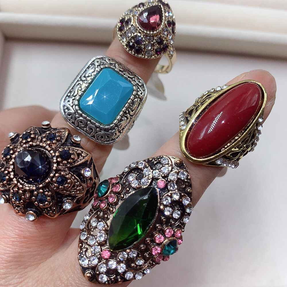 20pcs Mixed Vintage Colorful Gemstone Ring Retro Alloy Finger Deco Ring Bulk Art