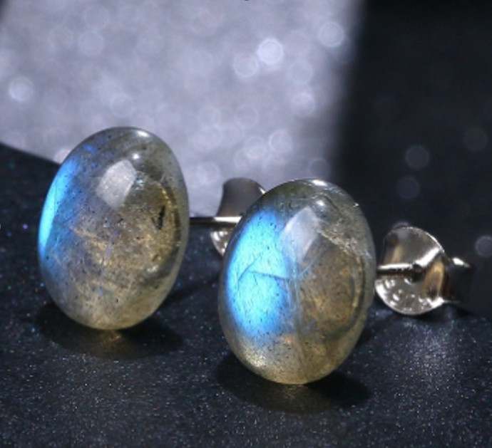 Labradorite Oval Stud Earrings Rainbow Flash Crystal Spiritual Energy Jewelry