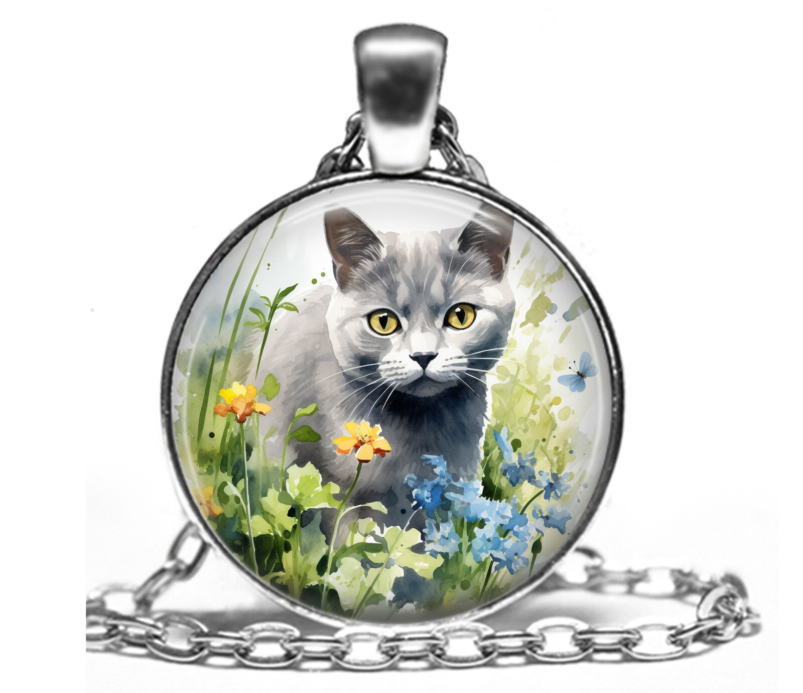 Russian Blue Cat Pendant Necklace & Earrings Set Russian Blue Cat Mom Gift