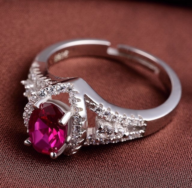 Rhodium Finish Sterling Silver Oval Lab-created Ruby CZ Adjustable Bang Ring K40