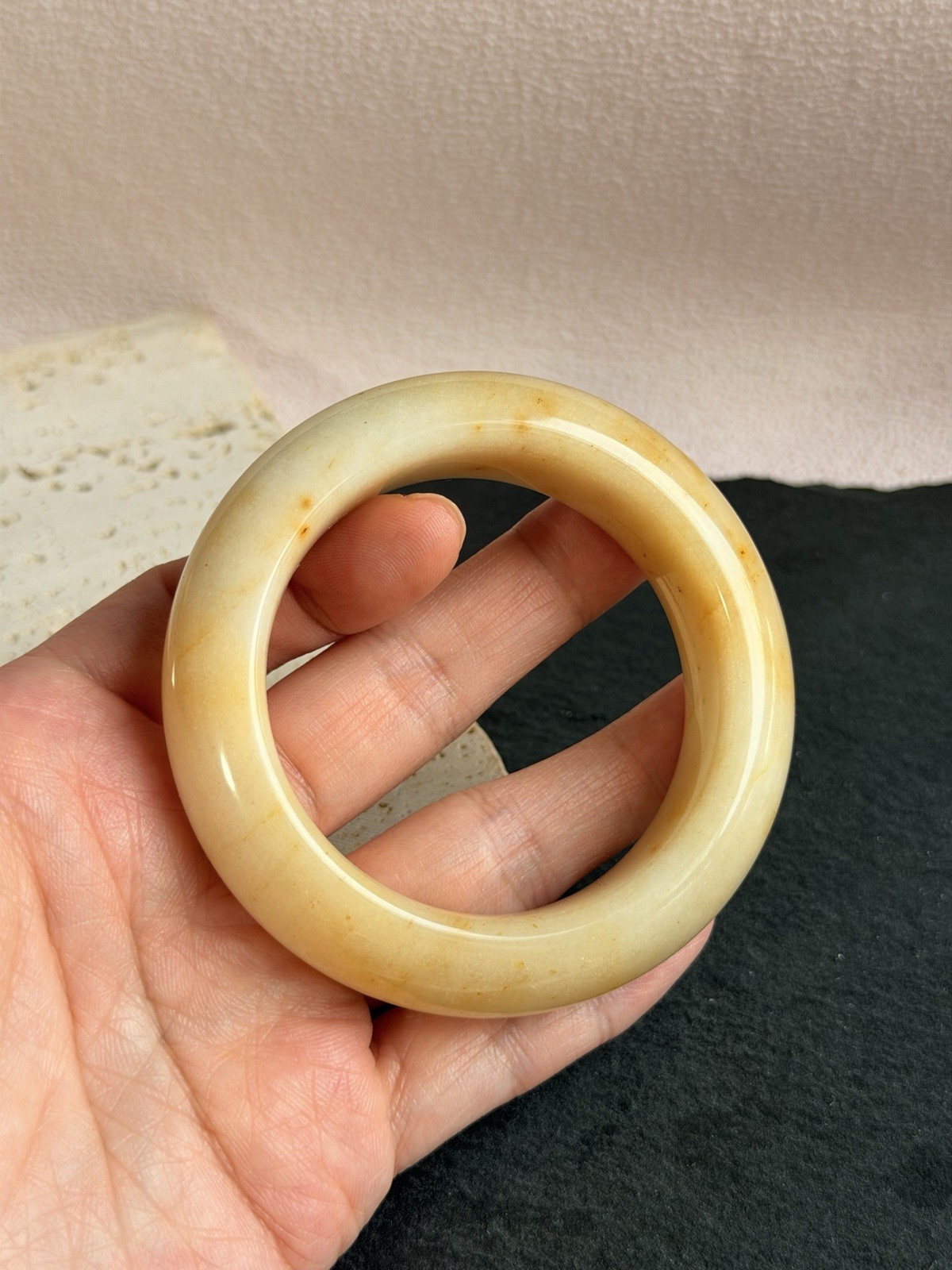 Natural Shoushan Jade Bangle 53.8mm Cream Ivory Jade with Honey Gold Inclusions