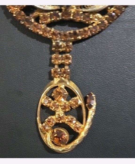 Rare Vintage Unsigned Alice Caviness Amber Toned Rhinestone Cat Necklace