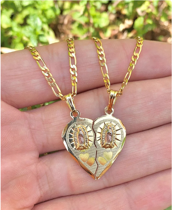 Virgencita de Guadalupe Pendant Heart Broken 14K Gold Filled Necklace 22″ Figaro