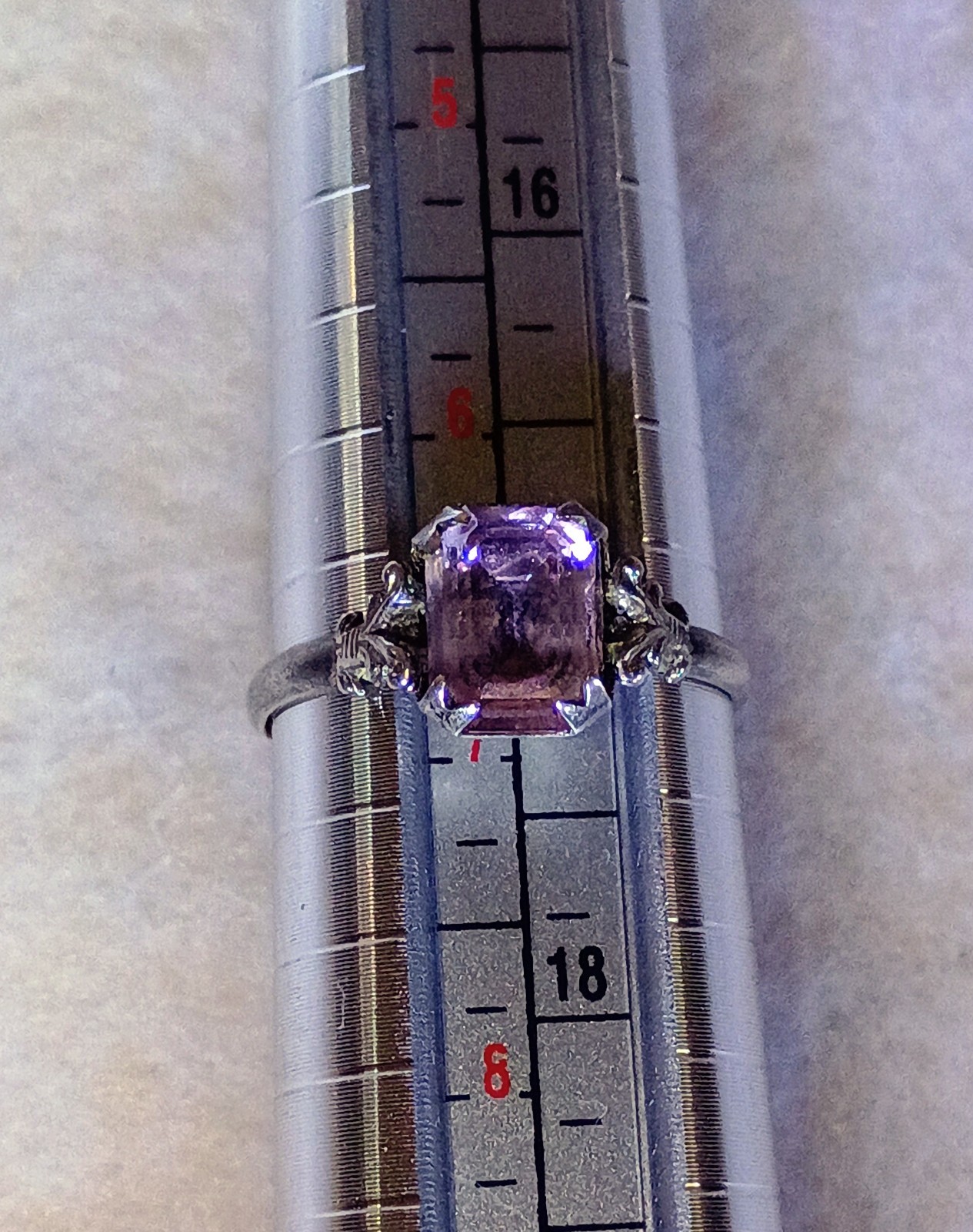 Sterling Silver 925 Amethyst Purple Emerald Cut Prong Set Solitaire Ring Size 6