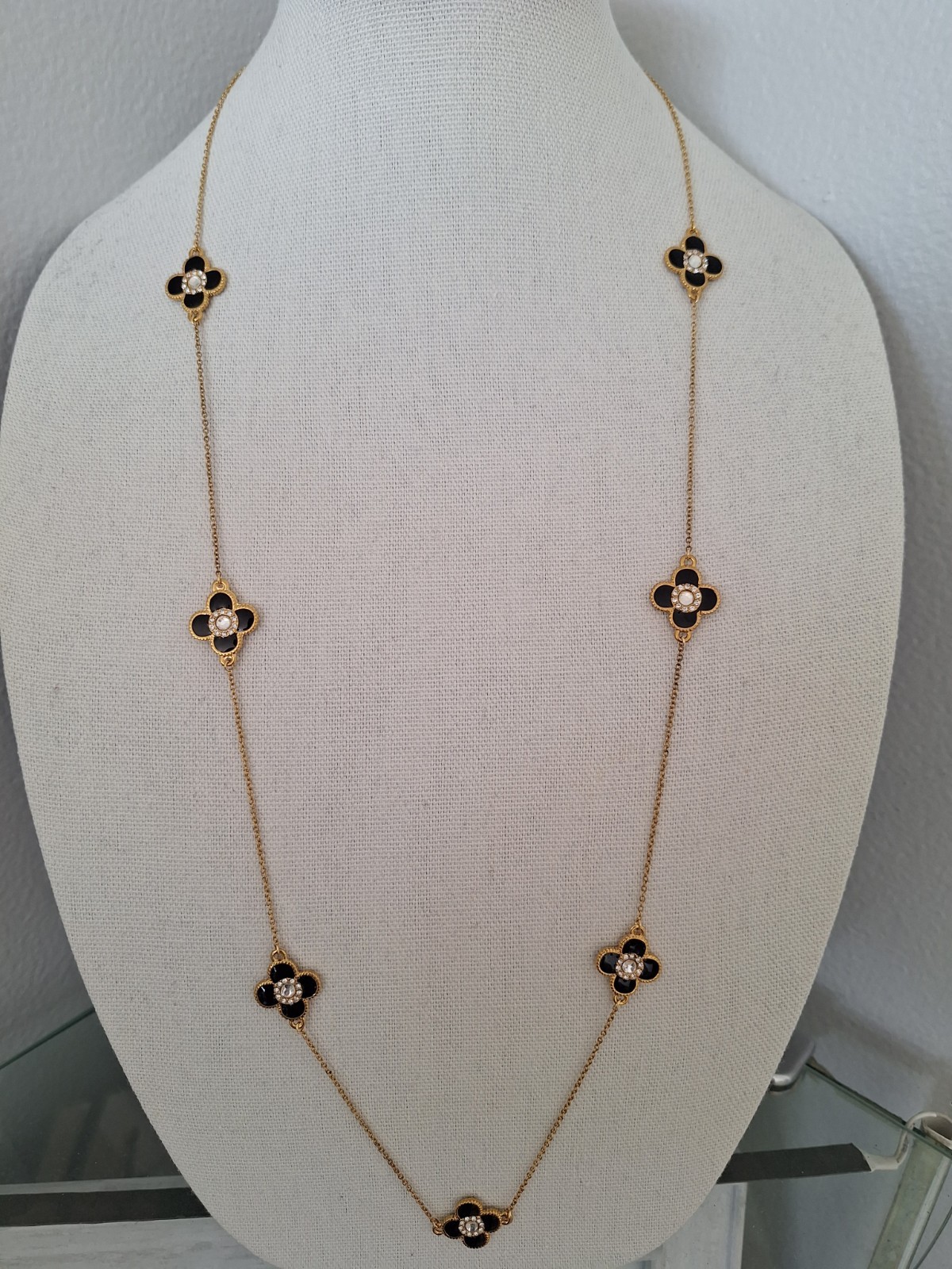 Gold Black Flower/clover Necklace, 36″ Long