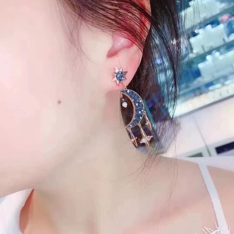 Swarovski Crystal Moon & Star Earrings – Mysterious Pearl Tassel Jewelry