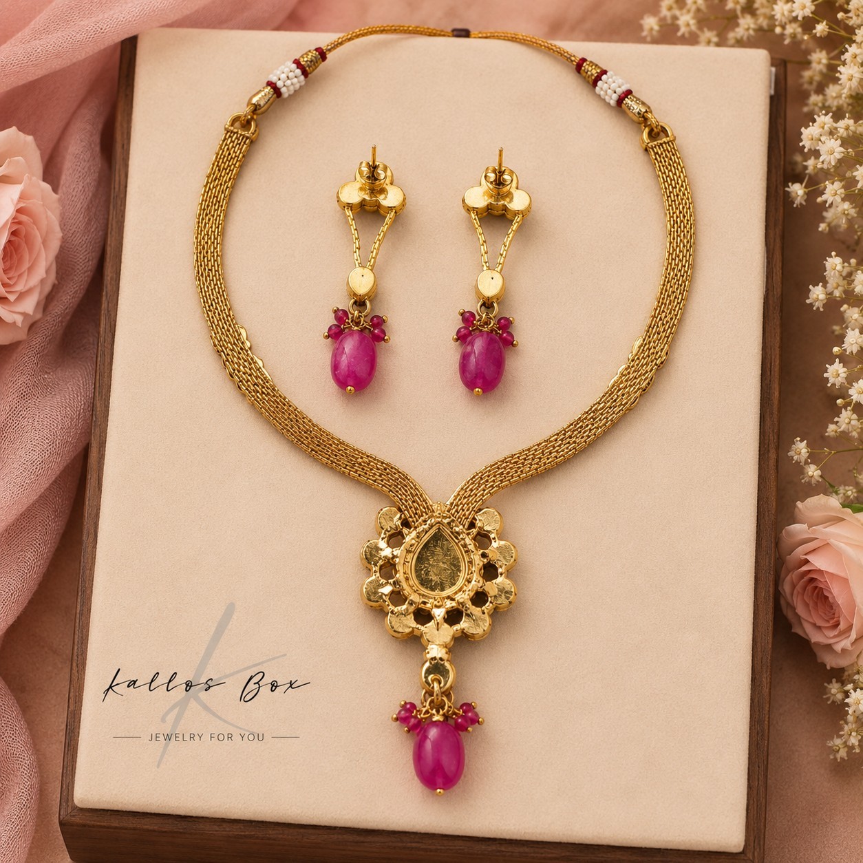 Pink Kundan Necklace With Earrings For Wedding Or Any Other Festive Occasion