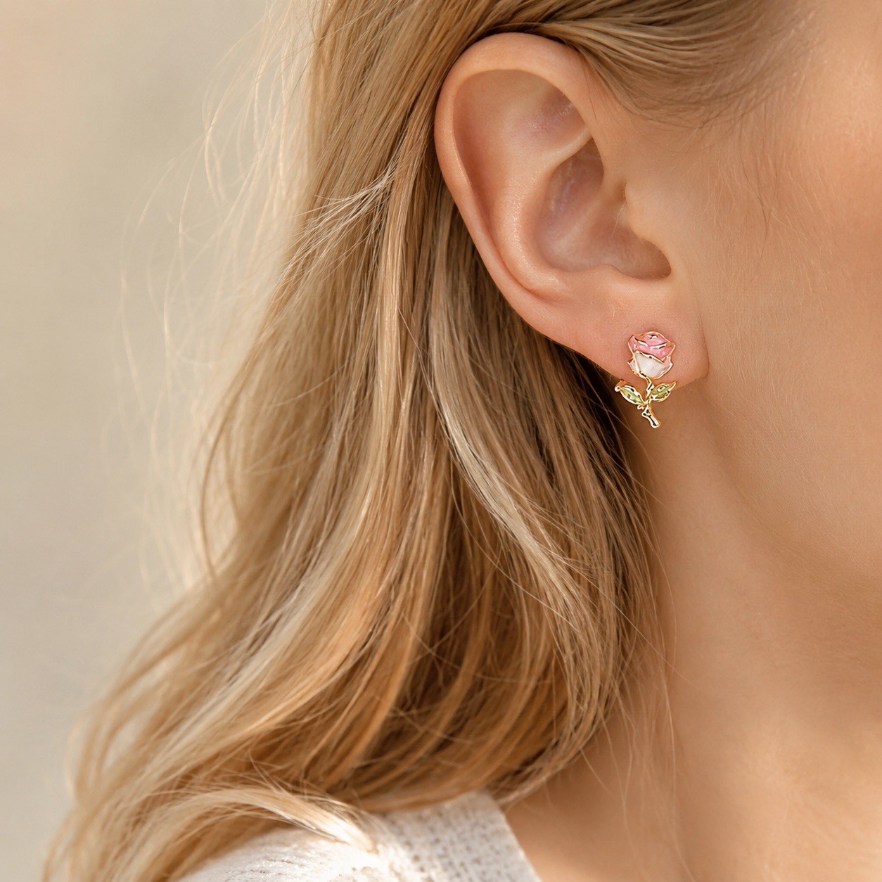 18K Gold Plated Rose Flower Stud Earrings Pink Enamel Floral CZ Earrings 391
